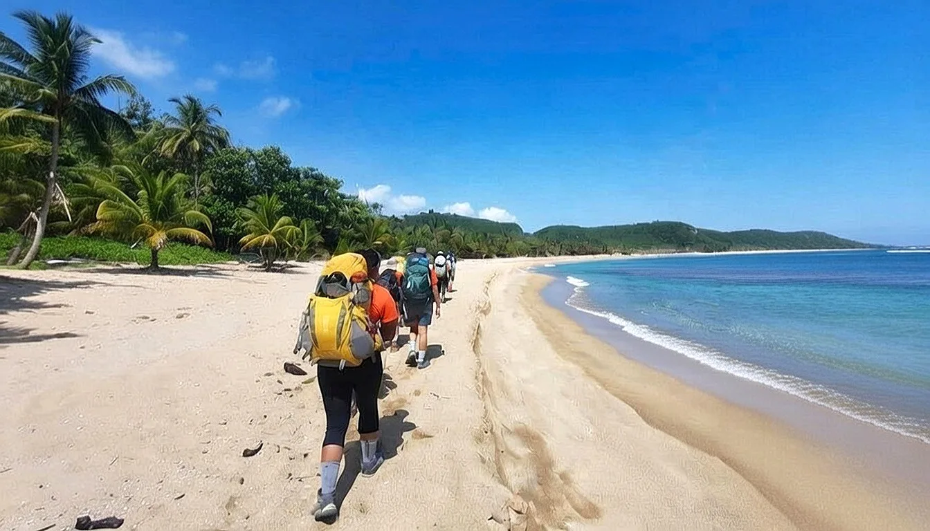 Scouts hiking on a tropical beach with palm trees in Puerto Rico